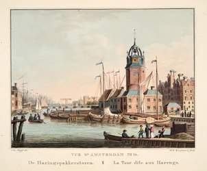 Widok na Amsterdam nr 10. Z Haringspakkerstoren. La Tour dit aux Harengs, 1825 (ręcznie barwiony grawerunek)