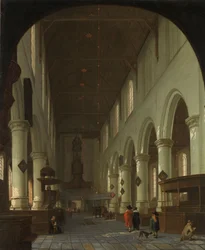 Wnętrze Oude Kerk w Delft od chóru w kierunku portalu