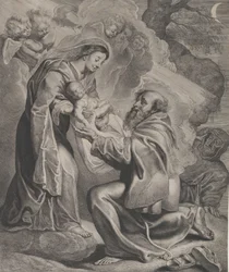 Wizja św. Franciszka, klęczącego po prawej stronie, przyjmującego Dzieciątko Jezus od Dziewicy..., 1650.