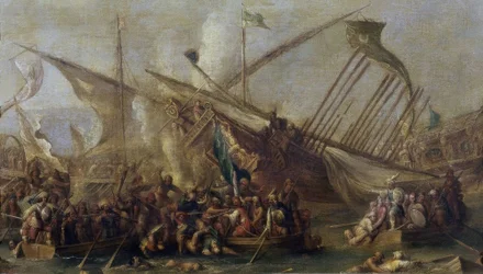 Boarding”, XVII wiek, flamandzki barok, olej na płótnie, 47 cm x 84 cm, P01157