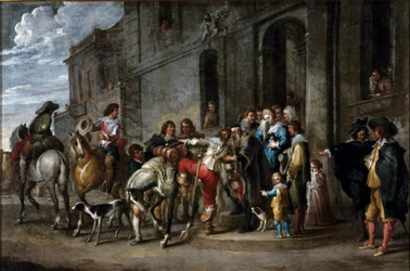Przypowieść biblijna: „” Odejście syna marnotrawnego”” Obraz Cornelisa De Waela (1592-1667) (wew. flam.) 1630-1639 wym. 57x86 cm Geny, kolekcja prywatna