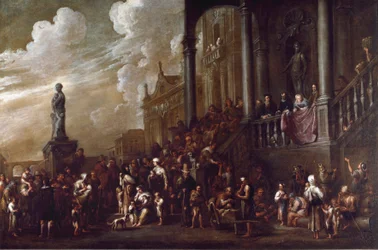 Siedem dzieł cielesnego misericorde: „Dając jedzenie głodnym” Obraz Cornelisa De Waela (1592-1667) (ec.flam) Genes, kolekcja Banco di Chiavari
