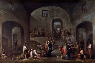 Siedem dzieł kaprala misericorde: „”wizyta więźniów”” Obraz Cornelisa De Waela (1592-1667) (ec.flam) Genes, kolekcja Banco di Chiavari