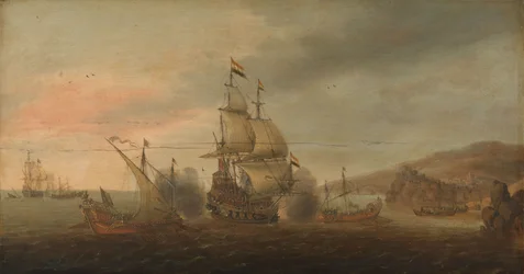 Bitwa morska między holenderskimi wojownikami a hiszpańskimi galerami, ok. 1633-1650 (olej na panelu)