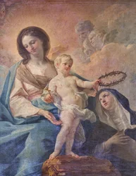 Kościół SS Salvatore, wnętrze, Ołtarz Różańcowy, Matka Boska Różańcowa, płótno Corrado Giaquinto (1703-1766), detal, Poggiardo, Lecce, Apulia (zdjęcie)