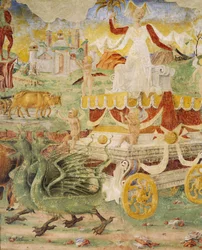 Rydwan Ceres ciągnięty przez smoki, fragment Triumfu Ceres, scena z miesiąca sierpnia, przypisywana Cosimo Turze (ok. 1430-1495) i Mistrzowi z Ercole, fresk, ściana północna, Sala Miesiąca, Palazzo Schifanoia (Pałac Radości) , Ferrara, Włochy, ok. 1470
