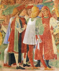 Grupa kupców, detal z Triumfu Ceres, scena z miesiąca sierpień, przypisywana Cosimo Turze (ok. 1430-1495) i mistrzowi z Ercole, fresk, ściana północna, Sala Miesiąca, Palazzo Schifanoia (Pałac Radości), Ferrara, Włochy, około 1470
