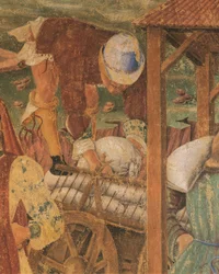 Kupiec przy pracy, fragment z Triumfu Ceres, scena z miesiąca sierpień, przypisywana Cosimo Tura