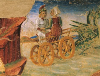 Gwałt Prozerpiny, fragment Triumfu Ceres, scena z miesiąca sierpnia, przypisywana Cosimo Turze (ok. 1430-1495) i Mistrzowi z Ercole, fresk, ściana północna, Sala Miesiąca, Palazzo Schifanoia (Pałac Radości), Ferrara, Włochy, około 1470