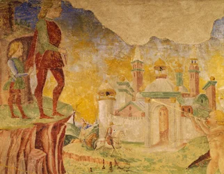 Triumf Ceres, scena z sierpnia, przypisywana Cosimo Tura (ok. 1430-1495) i Mistrzowi z Ercole, fresk, ściana północna, Sala Miesiąca, Palazzo Schifanoia (Pałac Radości), Ferrara, Detal, Włochy, ok. 1470