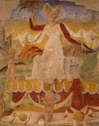 Triumf Ceres, scena z sierpnia, przypisywana Cosimo Tura (ok. 1430-1495) i Mistrzowi z Ercole, fresk, ściana północna, Sala Miesiąca, Palazzo Schifanoia (Pałac Radości), Ferrara, Detal, Włochy, ok. 1470