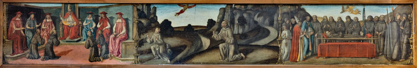 Madonna z Dzieciątkiem w chwale, św. Ambroży, św. Franciszek z Asyżu, Bóg Ojciec i aniołowie, ołtarz, detal (fresk)