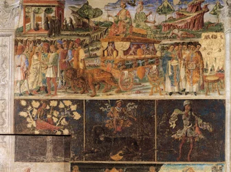 Triumf Jowisza i Kybele oraz Znak Lwa, sceny z lipca, fresk, ściana północna, Sala Miesiąca, Palazzo Schifanoia (Pałac Radości), Ferrara, Włochy, ok. 1470