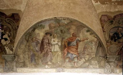 Św. Dominik nawracający heretyka, luneta z cyklu fresk Żywot św. Dominika, w krużganku św. Dominika, ok. 1698 (fresk)