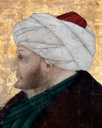 Portret osmańskiego sułtana Mehmeta II (Mehmed II Zdobywca lub Muhammad II Fatih) (1430-1481). Obraz miniaturzysty Costanza da Ferrary (około 1450 - około 1524). Fragment. Biblioteka Muzeum Topkapi Sarayi, Stambuł