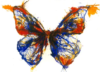 Niebiesko-pomarańczowy motyl, 2021 (tusz akrylowy na bawełnianym papierze szmacianym)