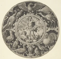 „Aer” w ozdobnej ramce z ptakami, z serii okrągłych wzorów z F..., 1590-1612.