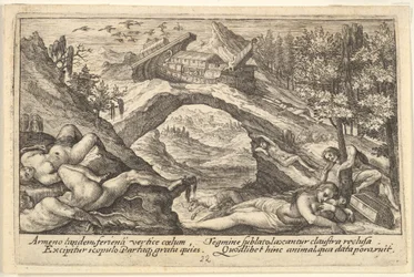 Po potopie: ludzkie ciała rozrzucone na suchej ziemi na pierwszym planie, arka Noego jest zacumowan..., 1612.