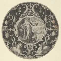 „Aqua” w dekoracyjnej ramce z morskimi stworzeniami, z serii wzorów okrągłych w..., 1590-1612.