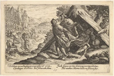Pijaństwo Noego: Sem i Jafet zakrywają nagie ciało Noego, które leży w namiocie, a ..., 1612.