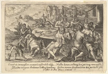Ludzkość poddana rozpusty przed potopem: obejmowanie par na ławkach wokół ta..., 1612.