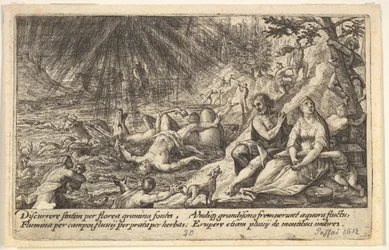 Początek potopu: mężczyźni i kobiety wspinają się na wyższy poziom po prawej, woda ogarnia..., 1612.