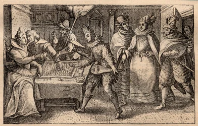 Impreza w tryktrak z przechadzającymi się graczami - holenderski miedzioryt; z zestawu grafik, Hortus Voluptatem, autorstwa Crispina de Passe (1550-1643) - Para grająca w tryktraka zaskoczona pięcioma maskami mężczyzn grawerowanych przez Crispina de Passe 