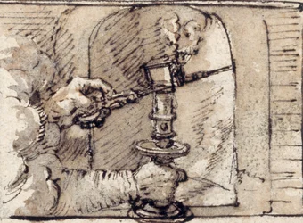 A pair of hands issuing from cloud, snuffing a candle in a candlestick (pen & brown ink with brown wash on paper)
