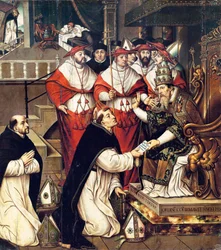 Honoriusz III (Cencio Savelli, papież od 1216 do 1227) potwierdzający Order św. Dominika. Obraz Cristobala Llorensa (około 1550-1616)