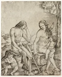 Adam i Ewa z niemowlętami Kain i Abel