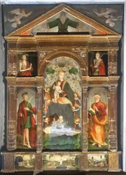 Ukoronowana Madonna z Dzieciątkiem i aniołami, Święty Paweł, Święty Piotr