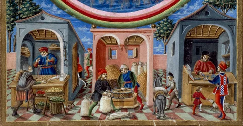 Fragment kupców sprzedających różne przedmioty: po lewej handlarz owocami i warzywami, pośrodku młynarz formujący zboże (Miniatura, ok. 1470)