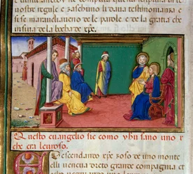 Jezus idzie do synagogi w Nazarecie w sobotę i czyta księgę proroka Izajasza Miniatura autorstwa Cristoforo De Predis (1440-1486) po Historii Nowego Testamentu