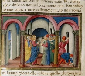 Jezus został interweniony w pobliżu świątyni Salomona przez Żydów, którzy poprosili go o udowodnienie swojej miniaturowej tożsamości Cristoforo De Predis (1440-1486) po Historii Nowego Testamentu