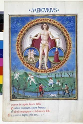 Merkury ze znakami zodiaku Dziewicy i Klejnotów. Na dole chłopi pracujący w polu. Miniatura wykonana przez Cristoforo de Predis (v. 1440-v. 1486) - w „” De Sphaera””” d