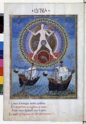 Księżyc ze znakiem zodiaku raka. Na dole łódki podczas wspinania się klaczy. Miniatura wykonana przez Cristoforo de Predis (v. 1440-v. 1486) - w „” De Sphaera””” d
