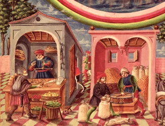 Ms Lat 209 fol.6v Jupiter, szczegół dotyczący handlarzy owocami i zbożem, z De Sphaera, ok. 1470, szczegół welinowy z 308309