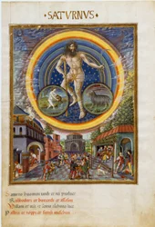 Saturn ze znakami zodiaku Wodnika i Koziorożca. Sceny gry i ich wpływ na ludzi. (miniatura, około 1470)