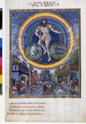 Saturn ze znakami zodiaku Wodnika i Koziorożca. Na dole sceny z gry i jej wpływ na mężczyzn. Miniatura wykonana przez Cristoforo de Predis (v. 1440-v. 1486) - w „” De Sphaera””” d