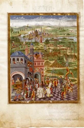 Scena tortur i wyroków w średniowiecznym mieście. Wpływy Saturna (miniatura, ok. 1470)