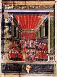 Inwestytura Ludovica Marii Sforzy, zwanego il Moro (1452-1508) - iluminacja z mszału kardynała Arcimboldiego, wykonana przez słynnego miniaturzystę Cristofora de Predis. Biblioteca Capitolare, Mediolan.