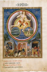Jowisz ze znakami zodiaku ryb i Strzelca. Kupcy sprzedający różne przedmioty. (miniaturowy, ok.1470)