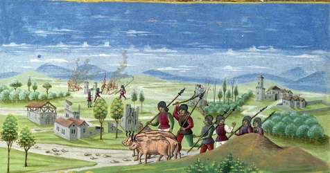 Grabież w czasie wojny. detal "Wpływu Słońca": Wojna. Miniatura wykonana przez Cristoforo de Predis (v. 1440-v. 1486) - w "De Sphaera" d
