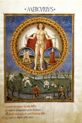 Merkury ze znakami zodiaku Panny i Bliźniąt. Chłopi pracujący w polu, miniatura, ok. 1470
