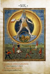 Słońce ze znakiem zodiaku lwa. Sceny męskich ćwiczeń fizycznych. (miniaturowy, ok.1470)