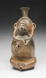 Naczynie rytualne przedstawiające kobietę niosącą naczynie (Aryballos) i karmiące dziecko, 1200-1450 r.n.e. (ceramika i pigment)