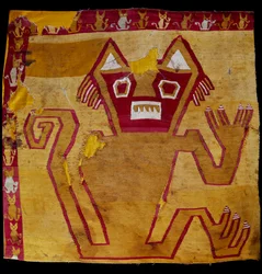 Sztuka przedkolumbijska, cywilizacja Nazca: fragment tkaniny z przedstawieniem zoomorficznym. 100 pne-800 ne. Goteborg, muzeum etnograficzne