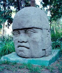 Cywilizacja przedkolumbijska: kolosalna głowa Olmeków. X-VII w. p.n.e. Meksyk. Park Musee de La Vente