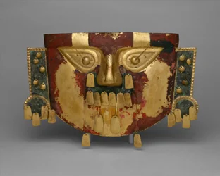 Peruwiańska Maska Pogrzebowa, 900-1100 AD (złoto, srebrno-miedziane nakładki, cynober)