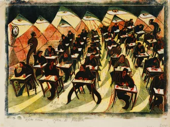 Sala egzaminacyjna, ok. godz. 1934 (linoryt drukowany w kolorach na cienkiej Japonii)